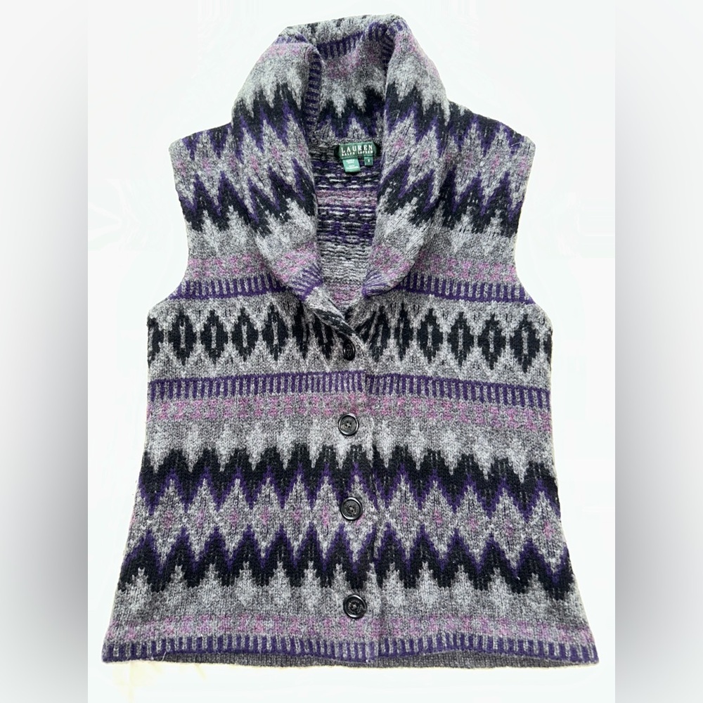 Lauren Ralph Lauren Sweater Small Vest 100% Lambswool Nordic Fair Isle